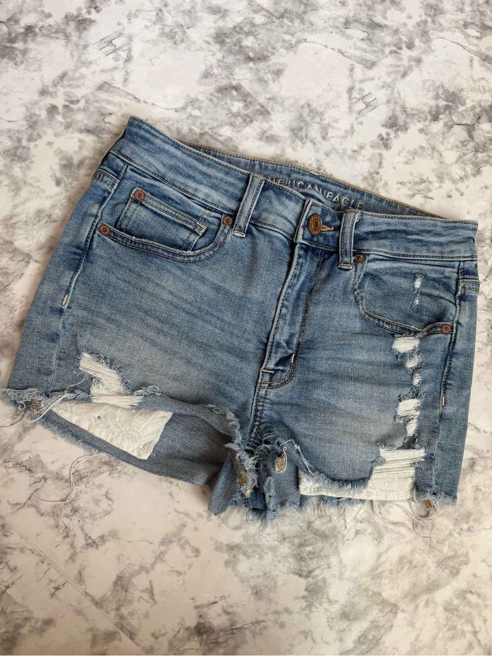 American Eagle Denim Shorts Distressed Lace Trim Size 6